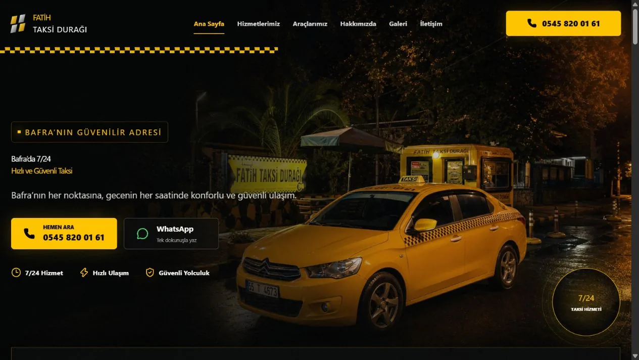 Fatih Taksi Durağı için hazırlanan masaüstü taksi web sitesi tasarımı