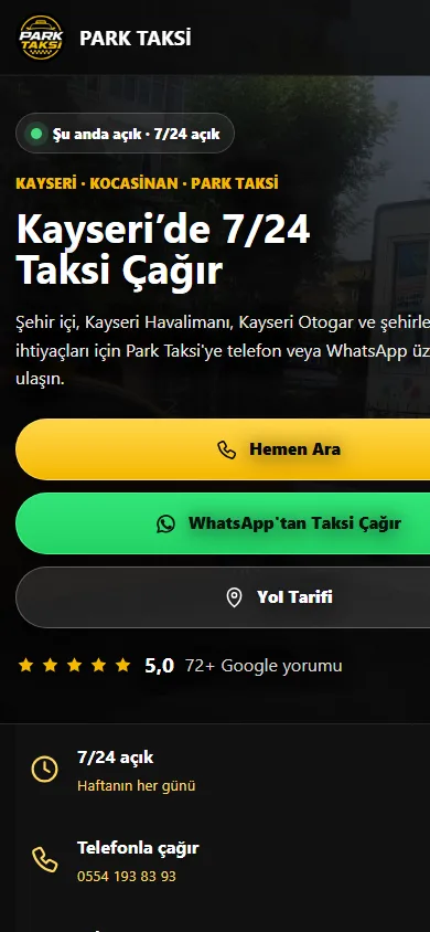 Park Taksi Kayseri canlı web sitesinin mobil görünümü