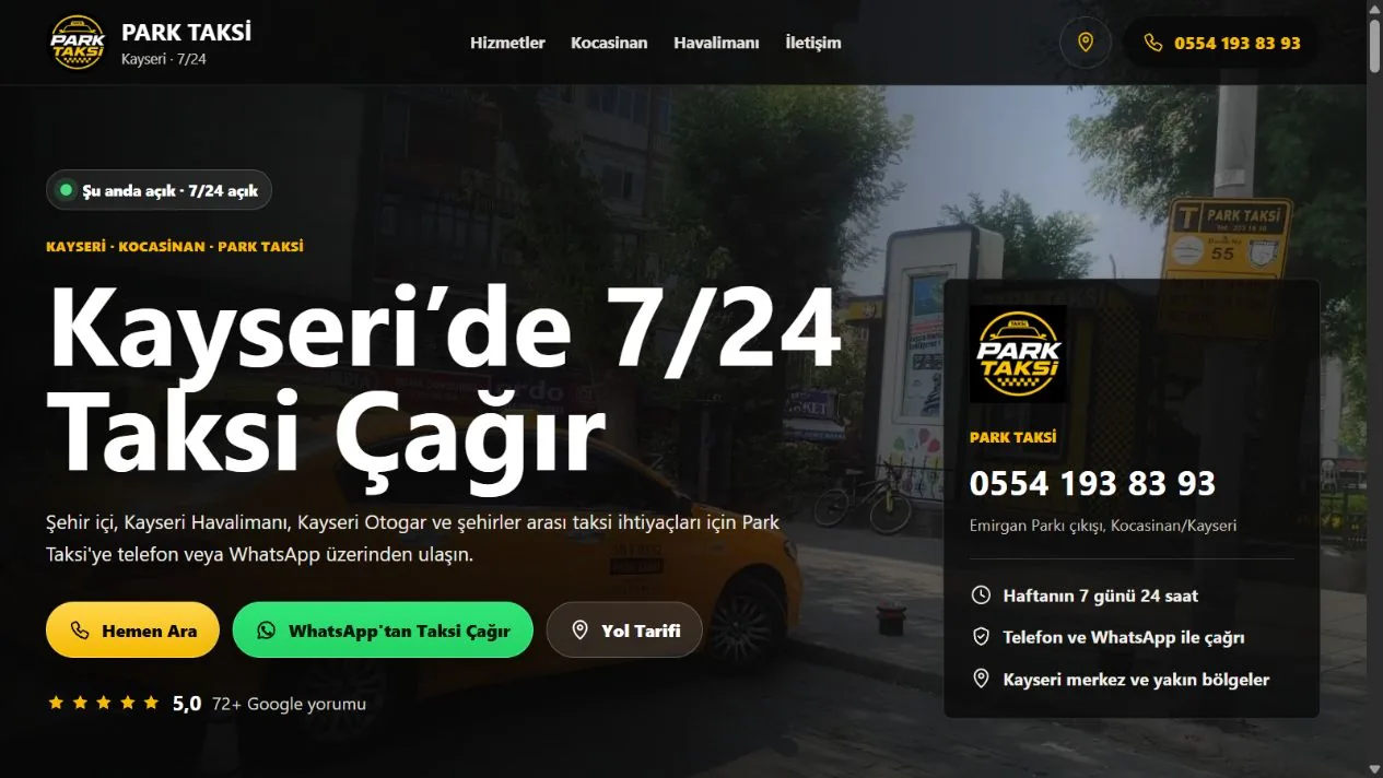 Park Taksi Kayseri için hazırlanan masaüstü taksi web sitesi tasarımı